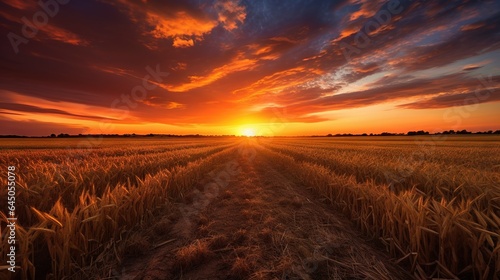  a sunset over a wheat field with the sun setting in the distance.  generative ai © Anna