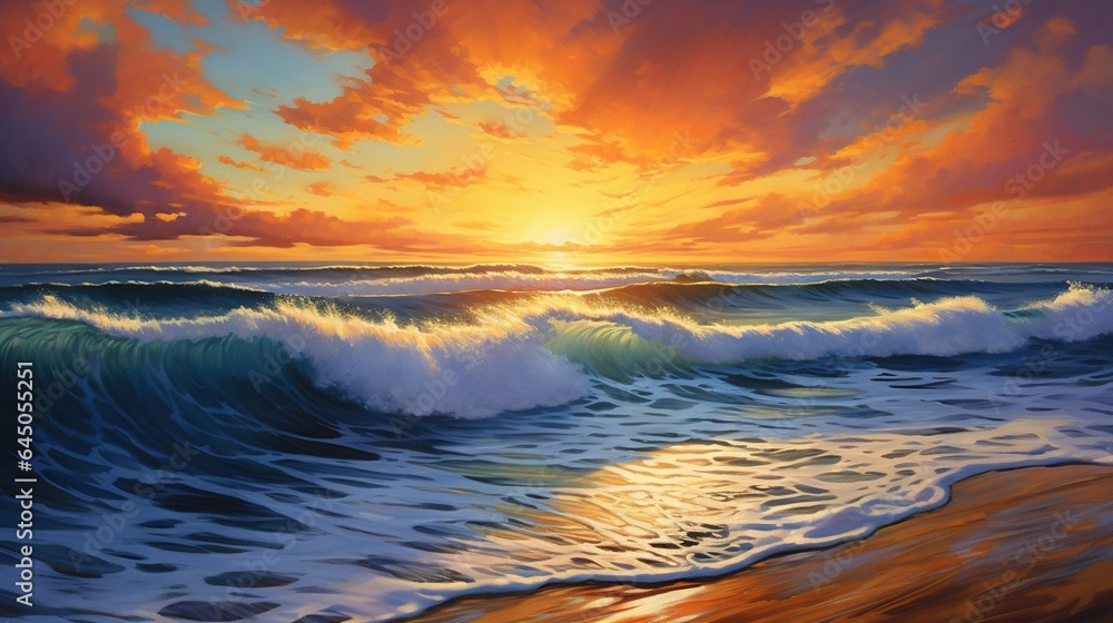  a painting of a sunset over a body of water with waves.  generative ai