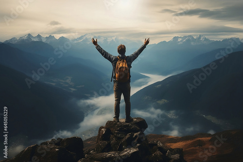 Panoramic image of man in ornage standing victorious on mountain top