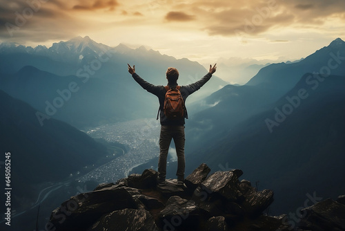 Panoramic image of man in ornage standing victorious on mountain top photo