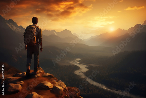 Man standing on mountain top in the morning overlooking lake between mountains
