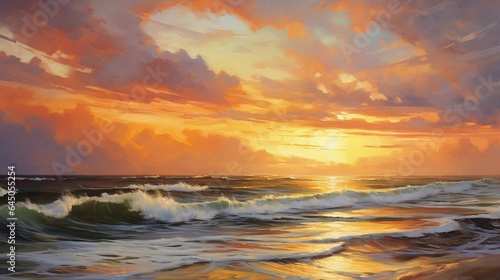  a painting of a sunset over a body of water with waves.  generative ai © Anna