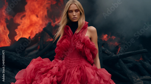 Striking Female Model in Red Dress