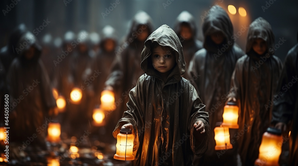 Several scary and mysterious children carrying candle lit lanterns at night - generative AI.