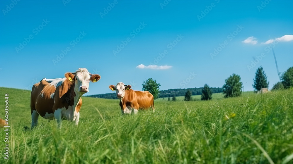 Fototapeta premium cows on the background of sky and green grass.generative ai