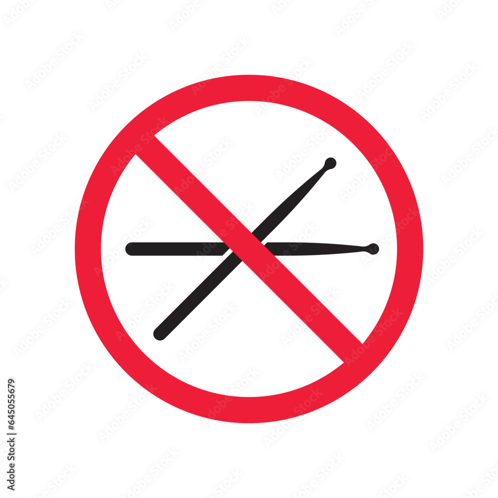 No music icon. Forbidden drums icon. Prohibited drums vector icon. Warning, caution, attention, restriction, danger flat sign design symbol pictogram No music icon. Forbidden drums icon. Prohibited drums vector icon. Warning, caution, attention, restriction, danger flat sign design symbol pictogram