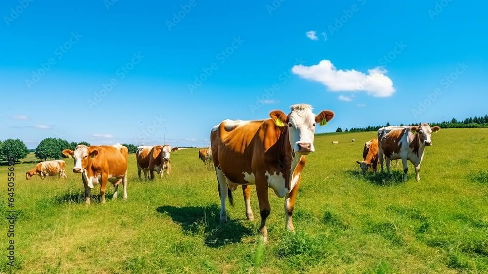 cows on the background of sky and green grass.generative ai