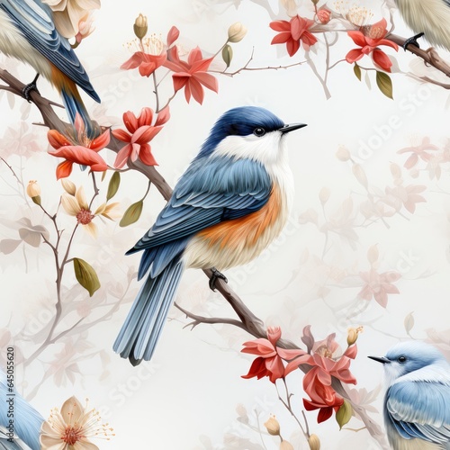 Photo of a beautiful watercolor seamless repeating pattern of birds on branches © Infinite Designs