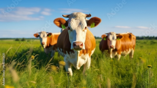 cows on the background of sky and green grass.generative ai