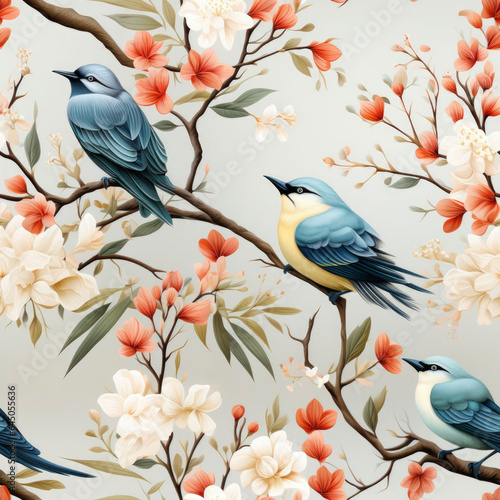 Photo of a beautiful watercolor seamless repeating pattern of birds on branches