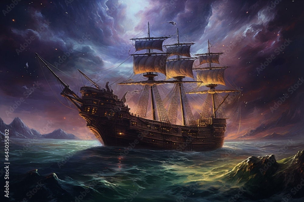 Fototapeta premium An oil painting of a pirate ship flying over a starry sky, depicting a dreamlike fairy tale scene reminiscent of Peter Pan. Generative AI