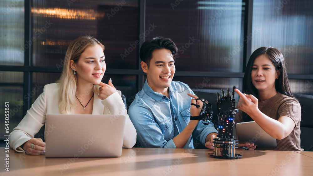 College Young students research inventions robotics and robot arm. Experiments and digital automation software. College Young students research inventions robotics and robot arm. Experiments and digital automation software.