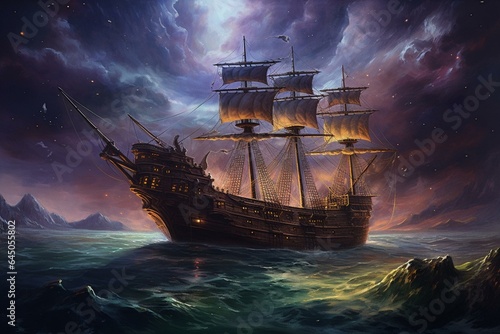 An oil painting of a pirate ship flying over a starry sky, depicting a dreamlike fairy tale scene reminiscent of Peter Pan. Generative AI photo