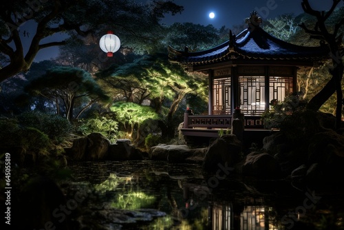 Asian pavilion in moonlit night garden. Generative AI
