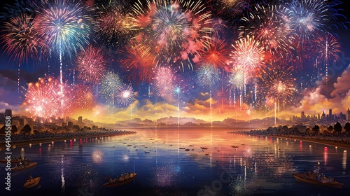  a painting of fireworks over a lake with boats in the water.  generative ai © Anna