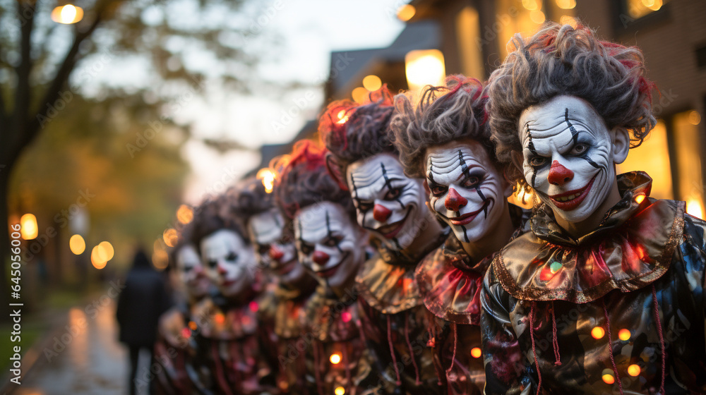 Several teenagers dressed up as clowns for Halloween walking down the sidewalk together - generative AI. Several teenagers dressed up as clowns for Halloween walking down the sidewalk together - generative AI.