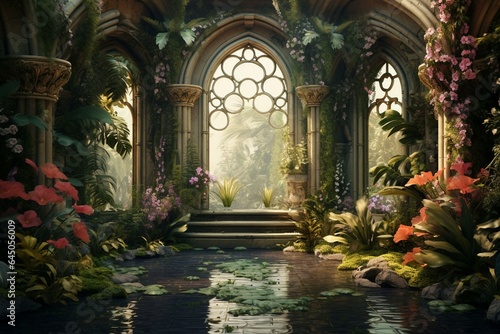 Beautiful mythical indoor garden filled with lush plants and flowers. Awe-inspiring 3D art. Generative AI