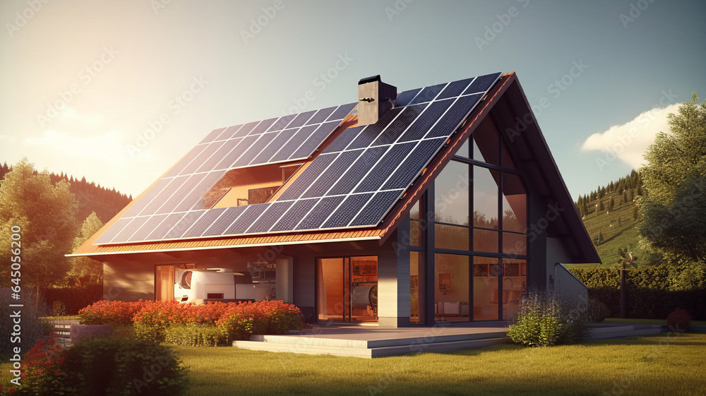 a realistic image of a house with photovoltaic panels on the roof generative ai