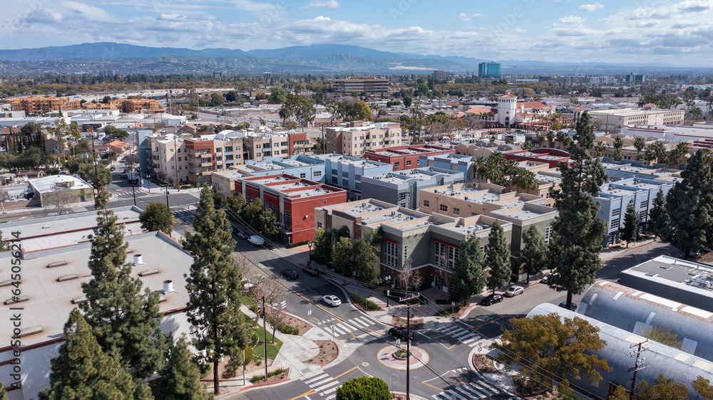 Daytime aerial view of dense housing in downtown Santa Ana, California, USA.