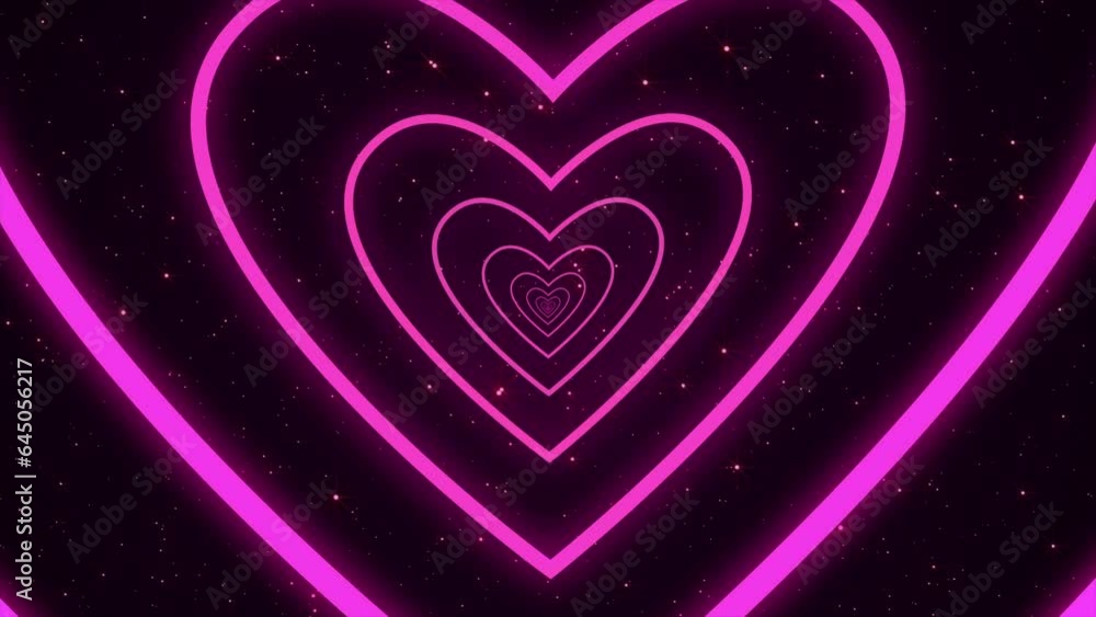Bright glowing endless heart tunnel in the Universe. Pink hearts on dark background with rose gold shiny stars. Streaming background. Romantic hearts, saint Valentine's Day animation. 4k, loop.  