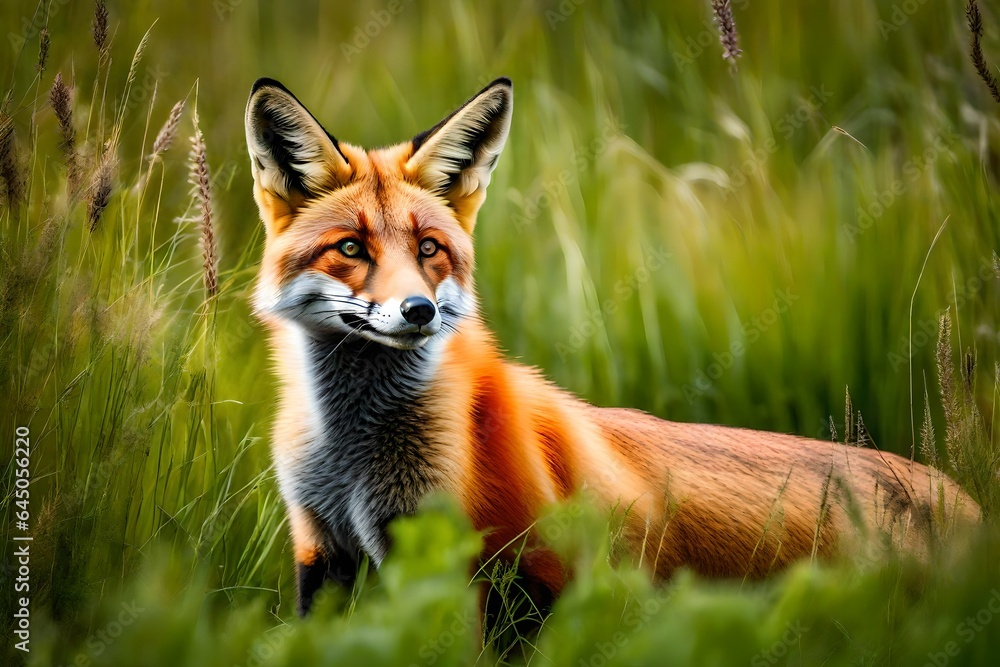 In a field's lush green grass and weeds, a lovely red fox image is depicted.