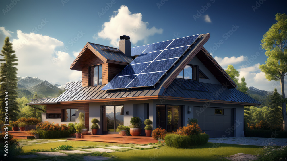 a realistic image of a house with photovoltaic panels on the roof generative ai a realistic image of a house with photovoltaic panels on the roof generative ai