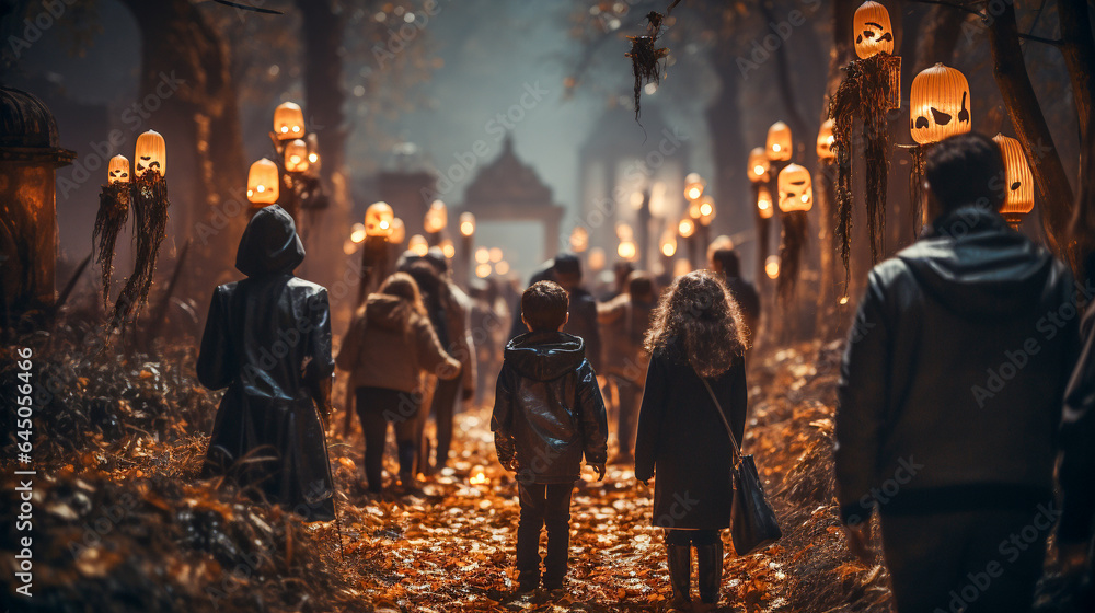 Spooky teenagers and children dressed up for Halloween walking down the sidewalk together - generative AI.
