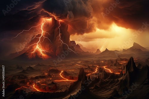 An image of dramatic volcanic wastelands with a powerful lightning storm. Generative AI © Meliora