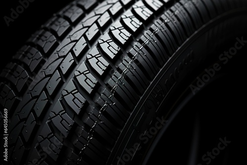 Close up of the tread of a black rubber car tire on a black background © Маргарита Вайс