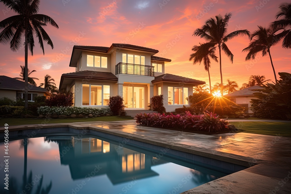 Big country house with pool and palm trees around on a sunset background. Real estate concept
