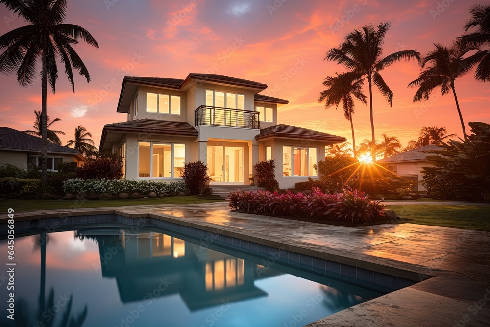 Big country house with pool and palm trees around on a sunset background. Real estate concept Big country house with pool and palm trees around on a sunset background. Real estate concept