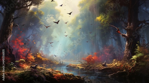 A tranquil forest scene interrupted by the sudden eruption of colorful birds taking flight