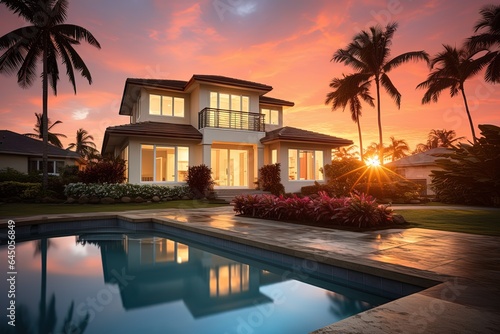 Big country house with pool and palm trees around on a sunset background. Real estate concept