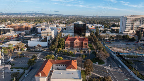 Sunset view of the historic core of downtown Santa Ana, California, USA.