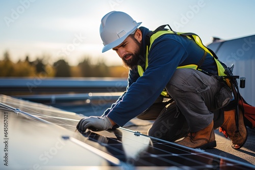 A worker in gloves, a work suit and a white hard hat repairs a solar panel on the roof
