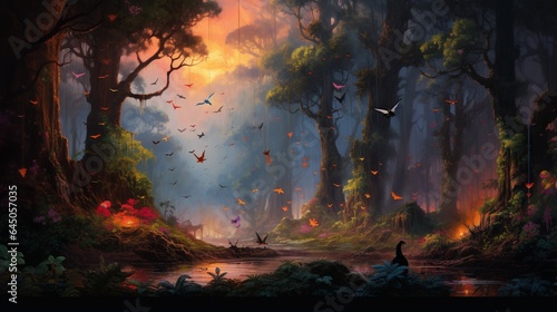 A tranquil forest scene interrupted by the sudden eruption of colorful birds taking flight