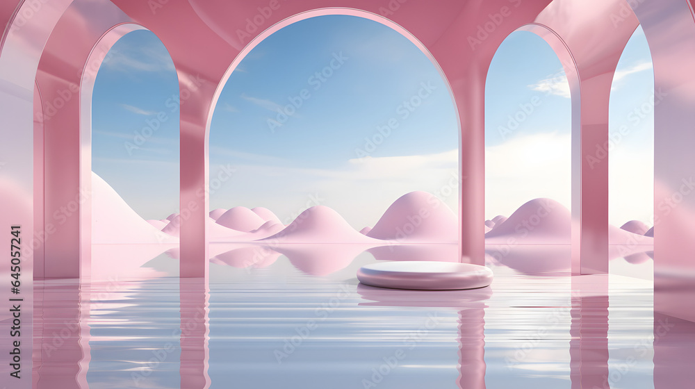 a pink space with mirrors and water, in the style of surreal 3d landscapes, rounded, light azure and beige a pink space with mirrors and water, in the style of surreal 3d landscapes, rounded, light azure and beige