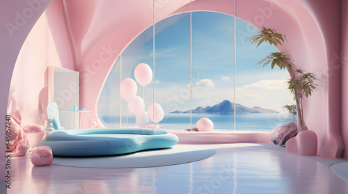 a pretty Pink bedroom with reflections, in the style of surrealist landscapes, rounded forms, realistic seascapes, light azure, abstract landscape, futuristic architecture, trompe l’oeil