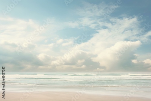 Blurred seascape with serene sea, sky, and sand. Generative AI