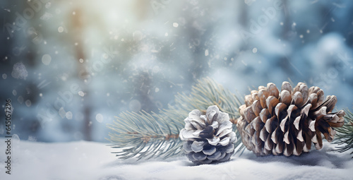 pinecone on snowy background, in the style of glowing lights, light emerald and gray, decorative borders, vintage-inspired, light navy and yellow