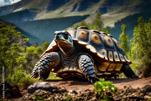 An animated mountain tortoise that was feeding had a lovely look on its face. 