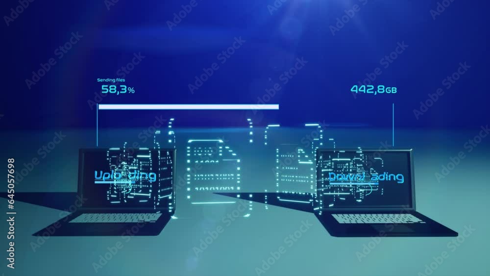 sending big data storage between devices in one moment. Modern futuristic 6g network data transfer animation