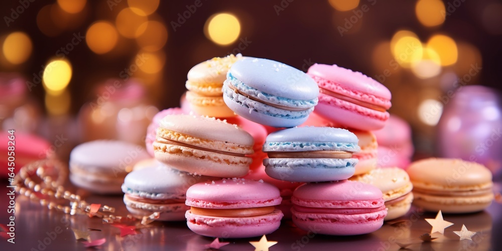 Obraz premium Piles of vivid colored macarons on shiny colorful celebrating background, for birthday party, anniversary and welcome party, with copy space.