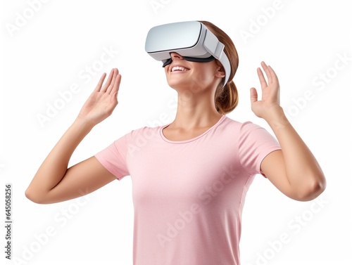 Smiling positive woman wearing virtual reality goggles headset  vr box isolated on white. Connection  technology  new generation  progress concept. Girl trying to touch objects in virtual reality. 