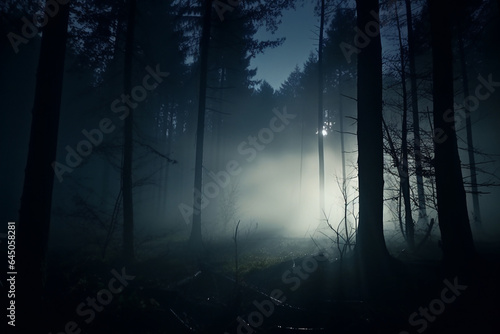 foggy and dark woods at night, mystery forest. Magical saturated foggy forest trees landscape. Generative AI