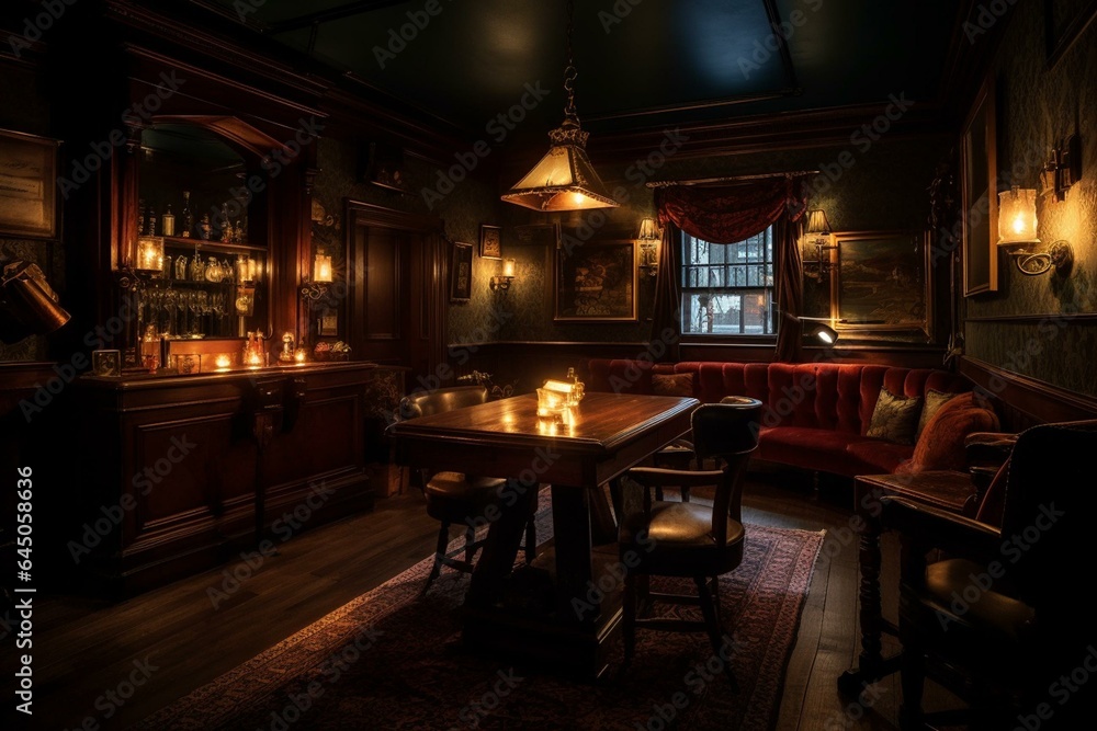 Dimly lit bar with old-fashioned furnishings for a secret lounge atmosphere. Generative AI