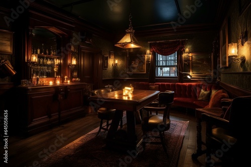 Dimly lit bar with old-fashioned furnishings for a secret lounge atmosphere. Generative AI © Valencia