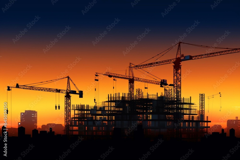 Twilight silhouette of huge construction site building. Generative AI