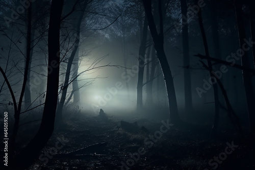 foggy and dark woods at night, mystery forest. Magical saturated foggy forest trees landscape. Generative AI © Dmytro