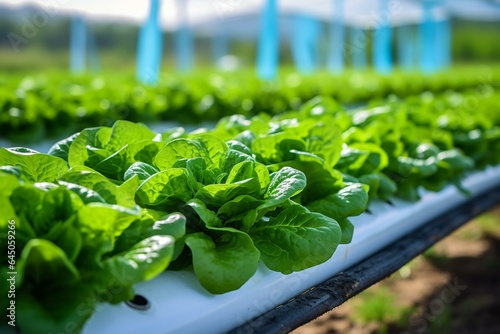 Lush green lettuce sprouts in a greenhouse with irrigation hoses between rows of beds. Generative AI
